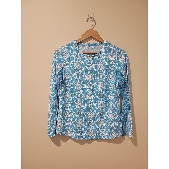 Ibkul Long Sleeve Crew Neck Top Blue/White Floral M Tennis Pickleball Golf UPF - Picture 1 of 7